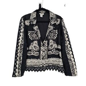 Vintage Sandy Starkman Embroidered Silk Blazer Jacket XL Black White Boho Artsy